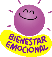 a purple smiley face with the words bienestar emocional written below it