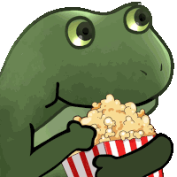 a frog is holding a striped box of popcorn