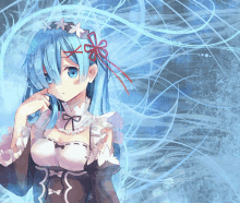 a drawing of a girl with blue hair and a bow in her hair