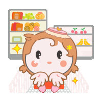 a cartoon girl is sitting in front of a fridge full of fruits