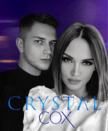 a black and white photo of a man and a woman with the name crystal cox