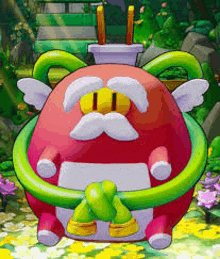 a cartoon character with a mustache and wings is sitting in a garden with flowers .