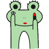 a green frog is holding a red lipstick in front of its face