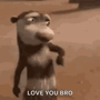 a cartoon monkey is saying `` love you bro '' while standing in the sand .