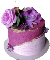 a purple cake with purple flowers on it