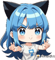 a cartoon girl with blue hair and cat ears has a facemoji ai sticker on her shirt