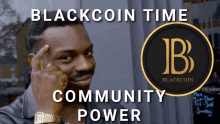 a man has his finger on his forehead in front of a blackcoin logo