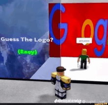 a video game character is standing in front of a screen that says guess the logo ?