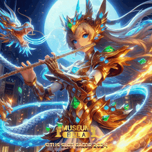 a poster for situs slot gacor shows a girl playing a flute with a dragon behind her