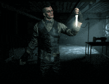 a man with blood on his face holds a knife in a dark room