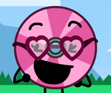 a cartoon character wearing heart shaped sunglasses with a smiley face