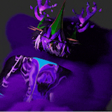 a purple monster with a green hat and horns is laying on a purple surface .