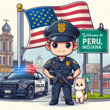 a police officer stands in front of a police car and a sign that says welcome to peru indiana