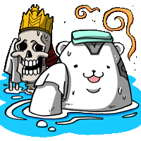 a cartoon of a skeleton and a polar bear in a bathtub