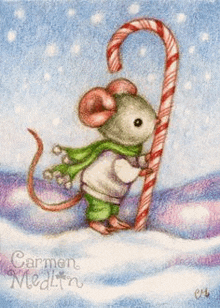 a mouse is holding a candy cane in the snow in a painting .