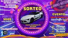 an advertisement for an event called sorteo with a white car