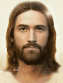 a close up of jesus ' face with long hair and a beard .