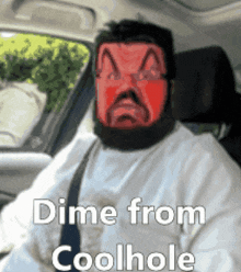 a man with a red mask on his face is sitting in a car with the words dime from coolhole above him