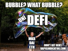 a woman is holding a giant soap bubble with the words bubble what bubble written on it .