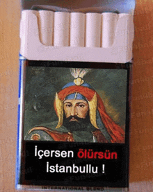 a pack of cigarettes with a painting of a bearded man on the cover