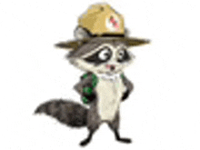 a raccoon wearing a ranger hat and holding a backpack .