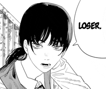 a black and white drawing of a girl with a speech bubble that says " loser "