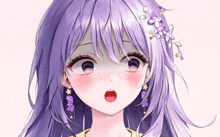 a close up of a girl with purple hair and flowers in her hair