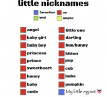 a list of little nicknames including angel baby girl and baby boy