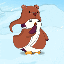 a penguin wearing a bear hat and scarf