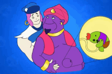 a cartoon drawing of a purple genie