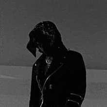 a man in a black jacket with a hood is standing in the snow .