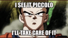 a picture of a cartoon character with a caption that says i see it piccolo i 'll take care of it .