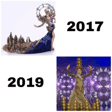 a picture of a woman in a long blue dress next to a picture of a woman in a gold dress with the year 2017