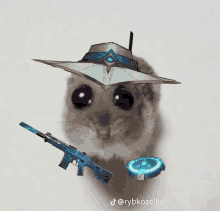 a mouse wearing a hat with a gun and a circle with the hashtag rybkozelka on the bottom