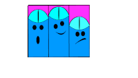 a cartoon drawing of three blue boxes with faces on them