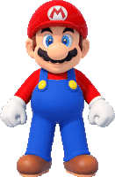 mario is wearing overalls and a red hat with an m on it