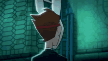 a cartoon character is hanging upside down in a dark room with a mask on his face .