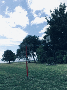 a basketball hoop in a field with a frisbee in the background