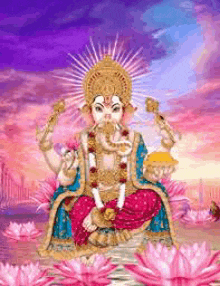 a painting of a deity sitting on lotus flowers .