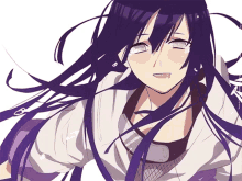 a drawing of a girl with long purple hair and white eyes