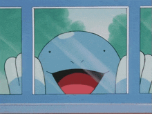 a cartoon character looks out of a window with a big smile on his face