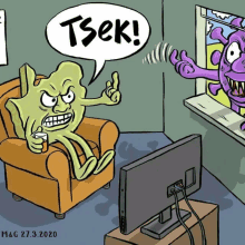 a cartoon of a monster sitting in a chair with a speech bubble that reads tsek