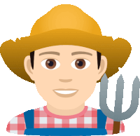 a man wearing overalls and a straw hat holds a fork