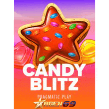 a poster for candy blitz has a star shaped cookie with candy on it