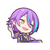 a cartoon character with purple hair and blue streaks is smiling and waving