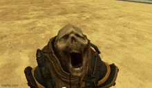 a screenshot of a video game shows a skeleton with its mouth wide open