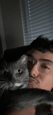 a man wearing glasses is holding a cat