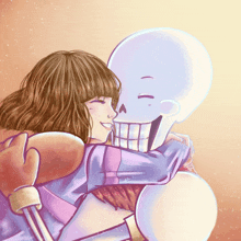 a drawing of a girl hugging a skeleton with his eyes closed