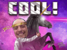 a man is riding on the back of a unicorn with the word cool written above him