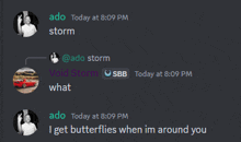 a discord conversation between ado storm and ado today at 8:09 pm